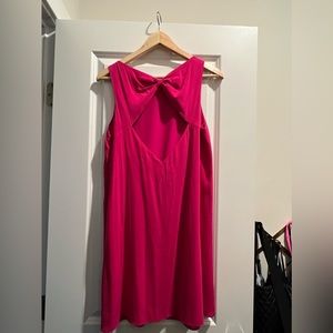 Alice + Olivia short pink/fuchsia high-neck cocktail dress with open bow back.